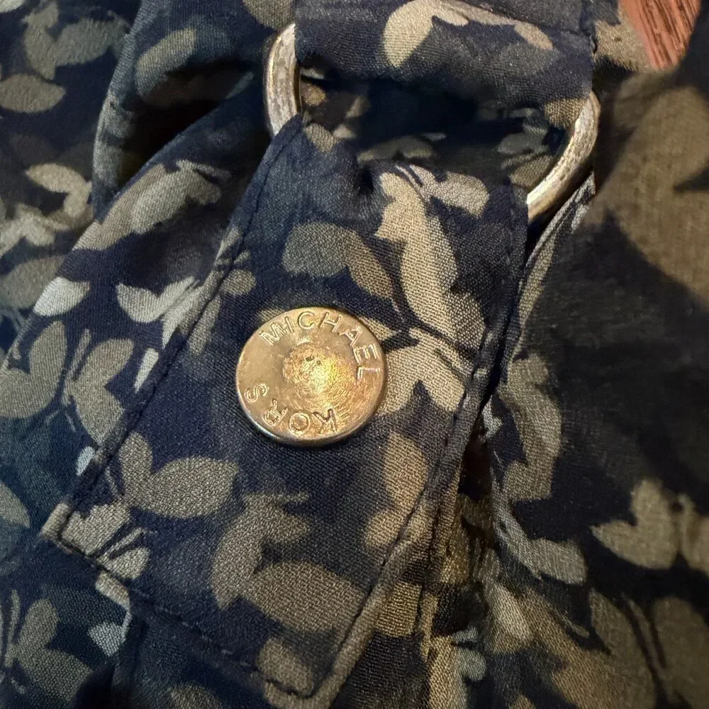MICHAEL Michael Kors Floral Blouse L Black Olive Roll Tab Sleeve Gold Hardware